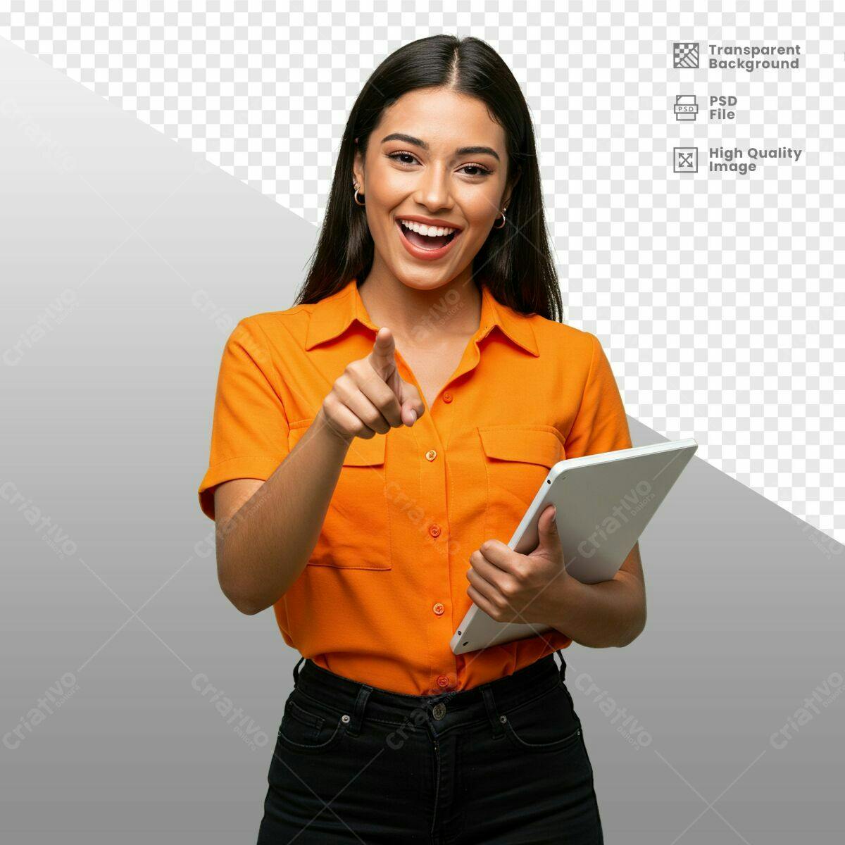 Mockup Mulher Apontando Tablet Laranja PSD Editável