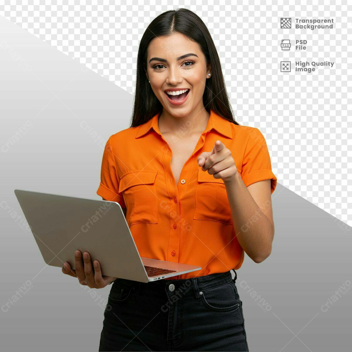 Modelo de Mulher Apontando para Notebook PSD Editável