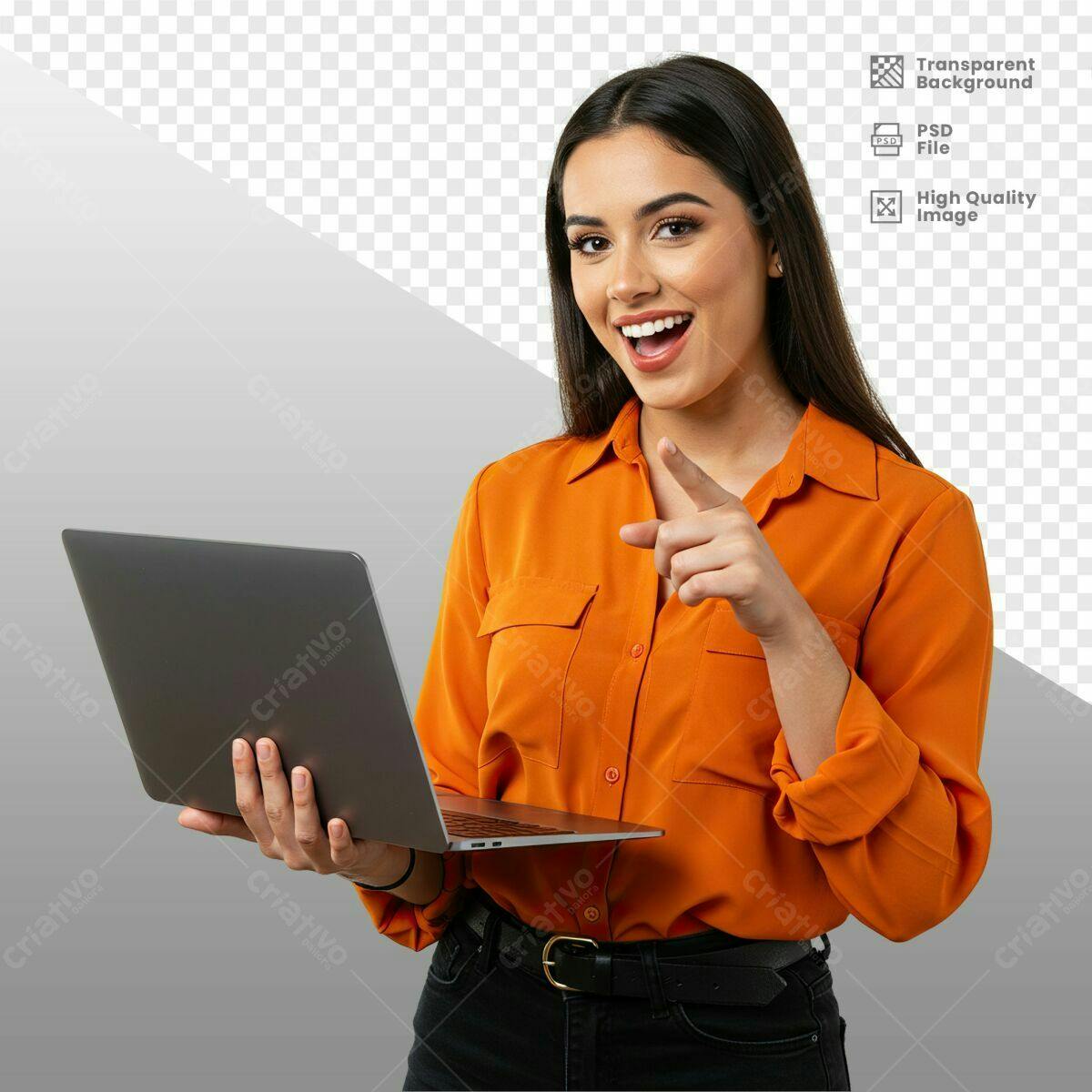 Imagem Mulher Notebook Laranja PSD Editável