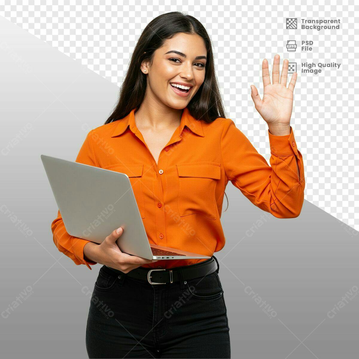 Mockup Mulher com Notebook Laranja PSD Editável