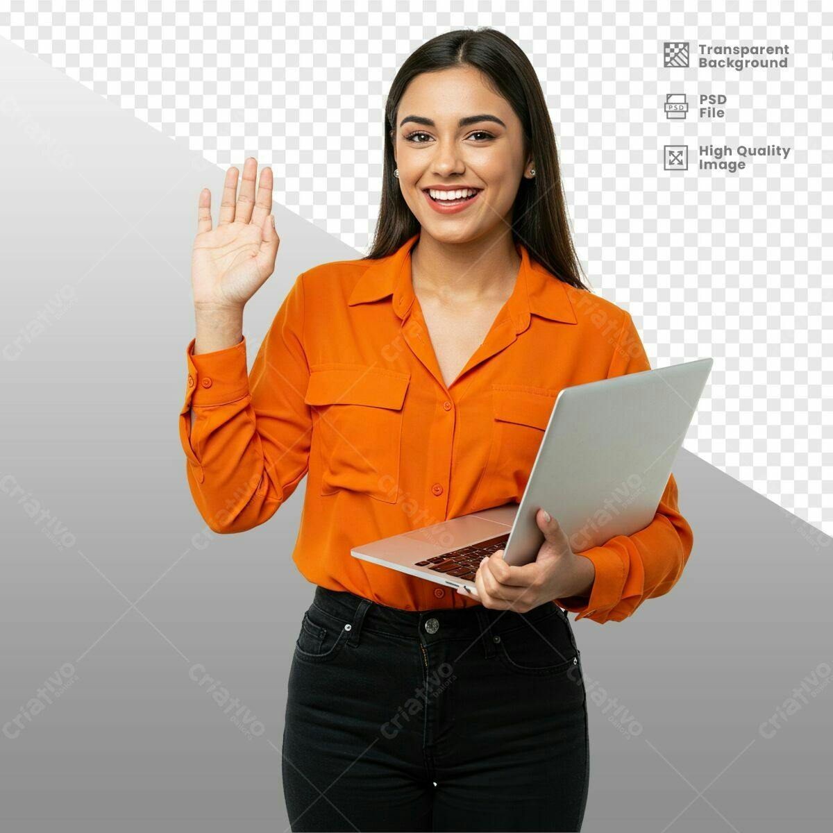 Mockup Mulher com Notebook Laranja PSD Editável