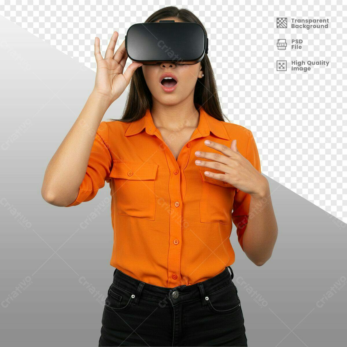 PSD Mulher usando óculos VR em fundo transparente