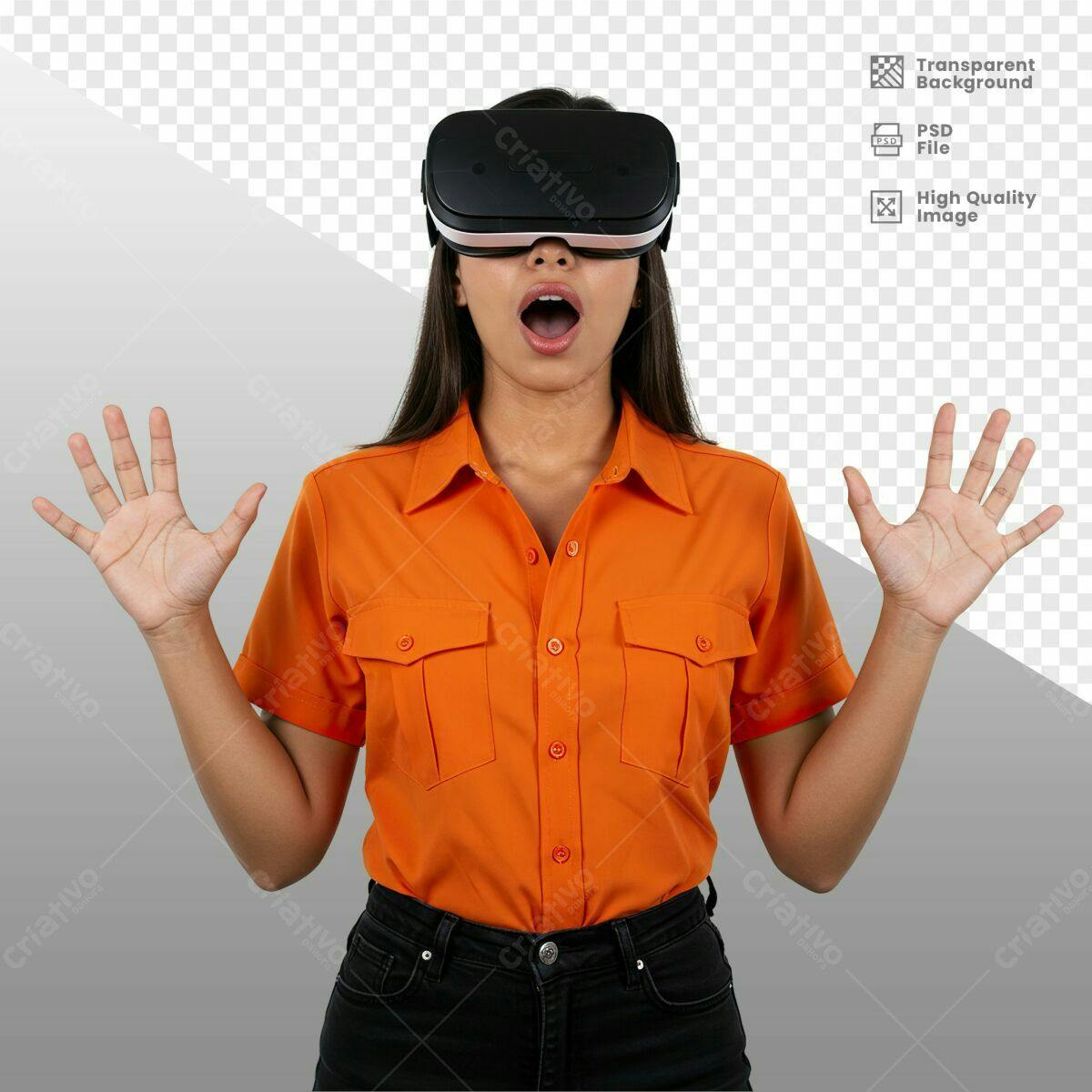 PSD Mockup Mulher com Óculos VR Laranja PSD Editável