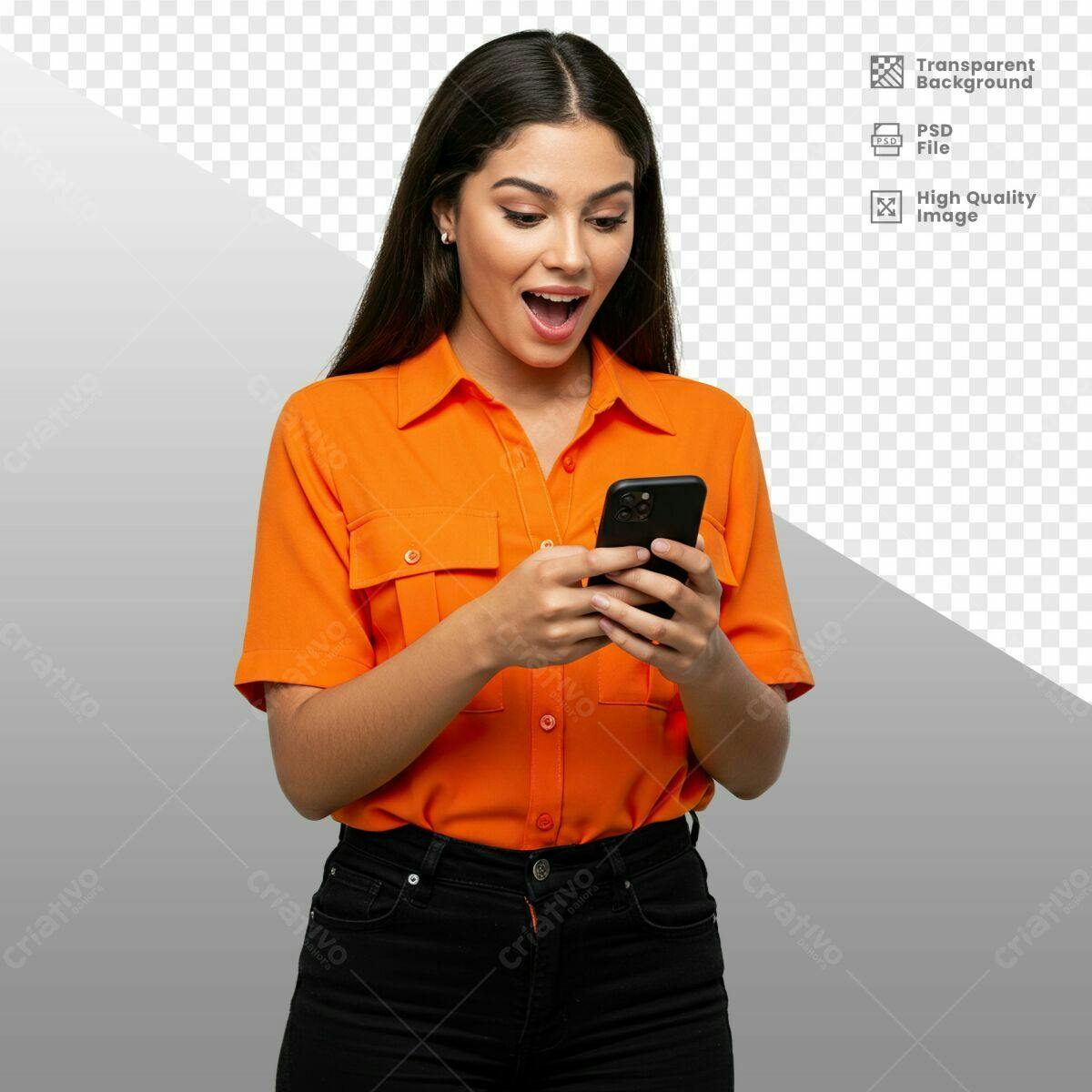 Mockup de Mulher Surpresa com Celular Laranja PSD Editável