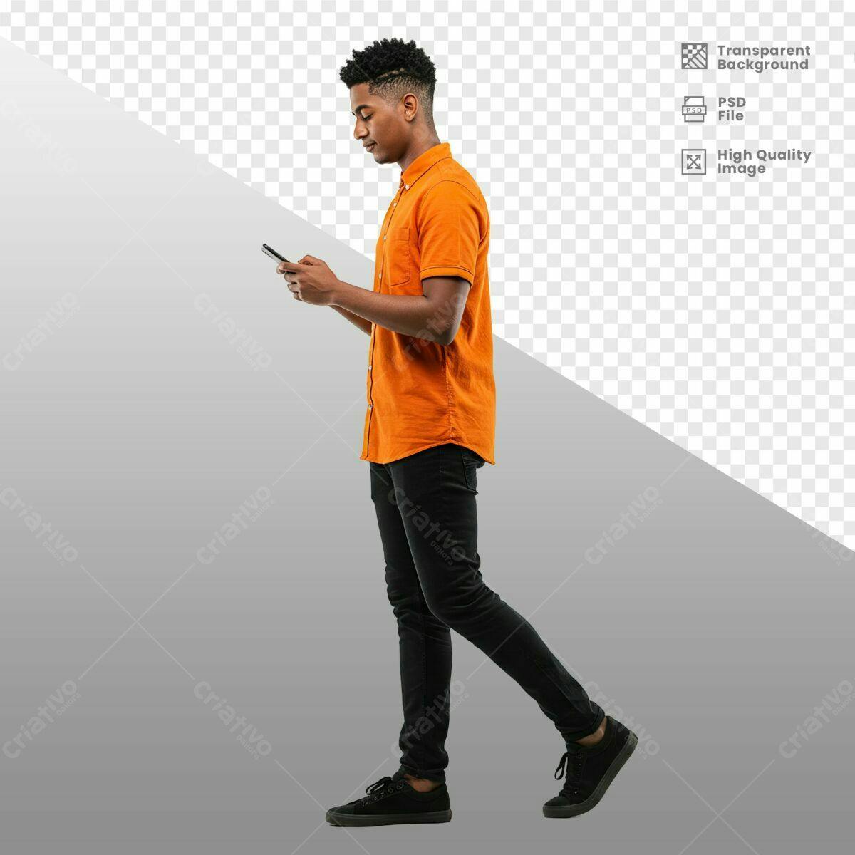 PSD Personagem Masculino andando com celular PSD Editável