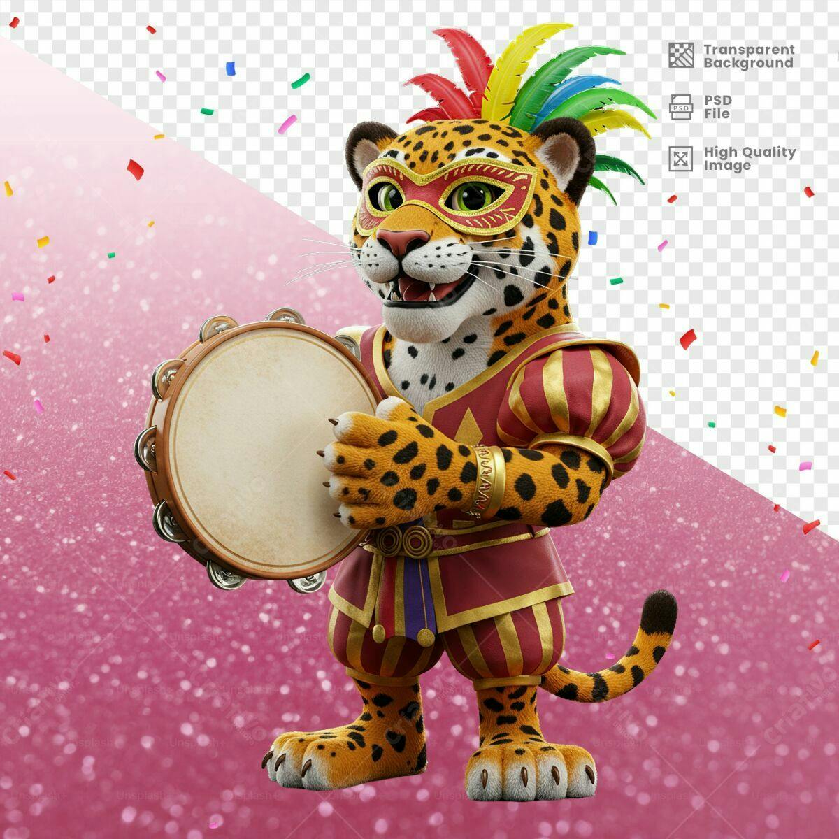 Mascote Onça Carnavalesca com Tamborim PSD Editável
