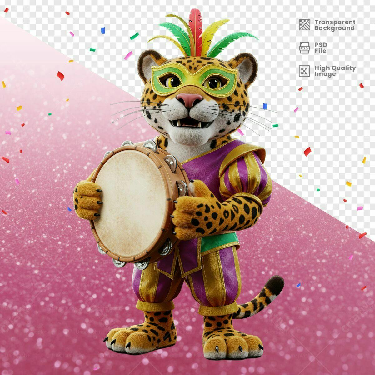 Mascote Onça Carnavalesca com Tamborim PSD Editável