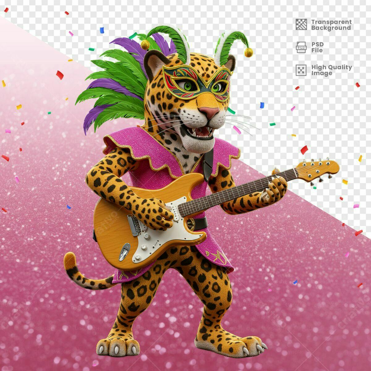 Mascote Onça Carnavalesca Tocando Guitarra PSD Editável