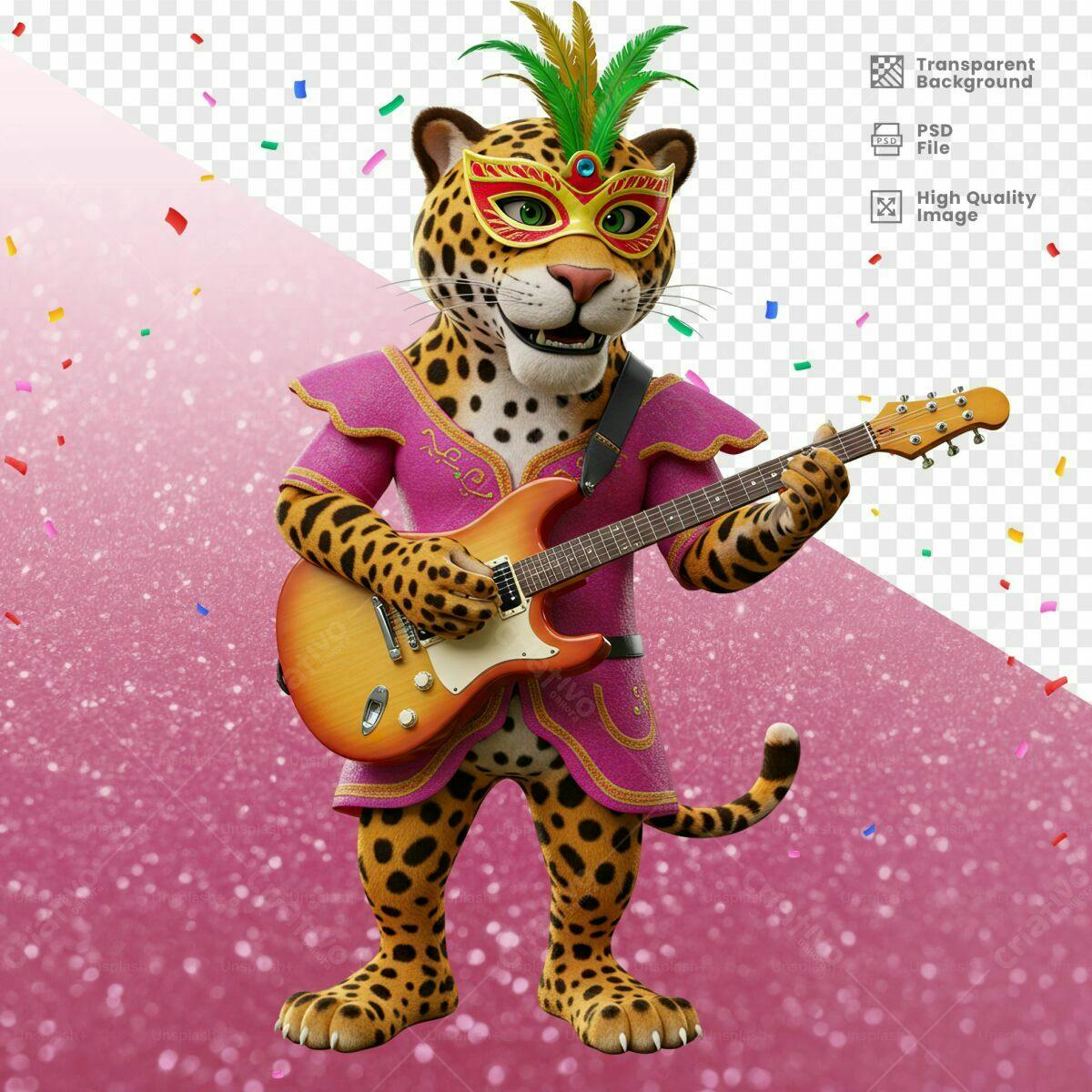 Mascote Leão Tocando Guitarra Carnaval PSD Editável