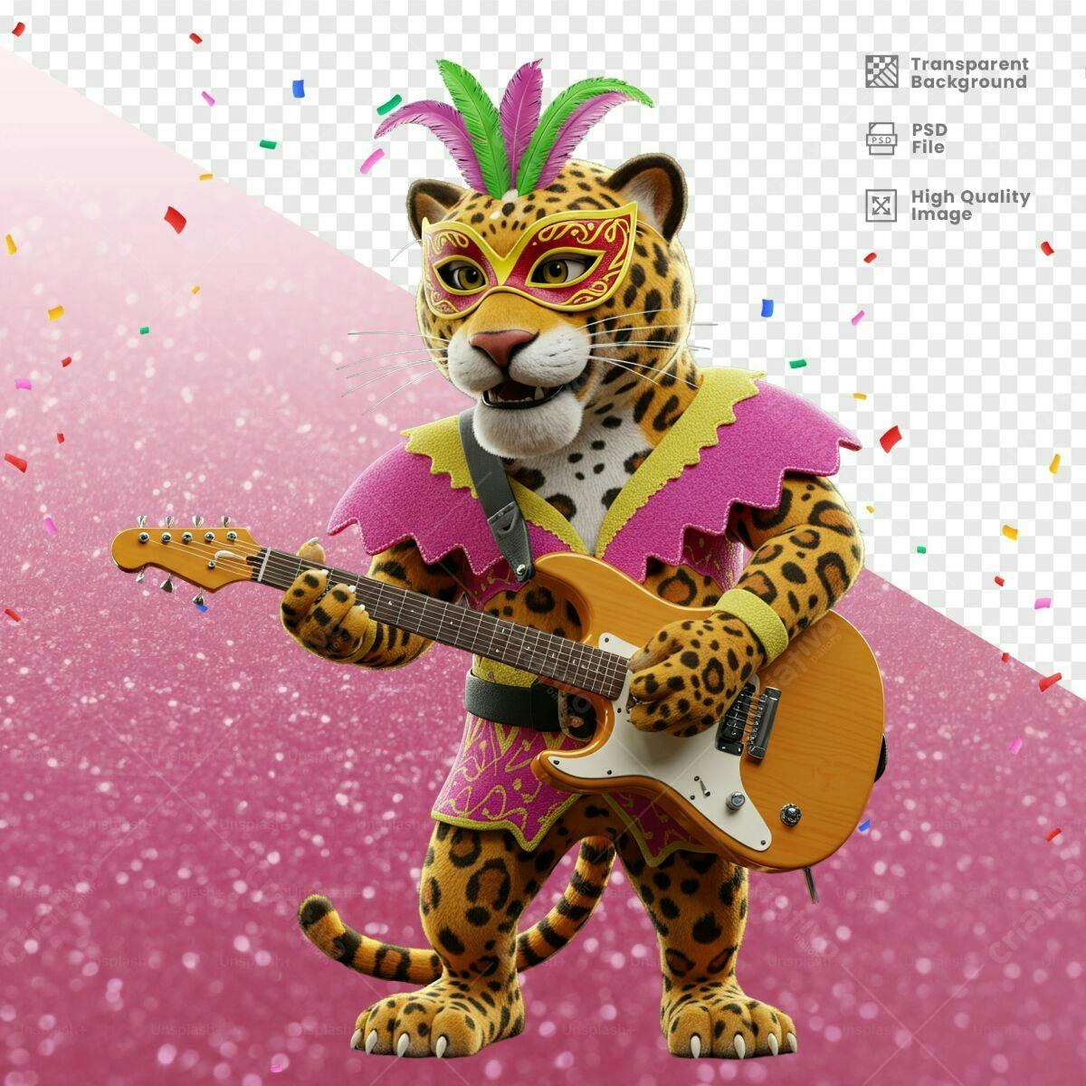 Mascote Onça Carnavalesca com Guitarra PSD Editável