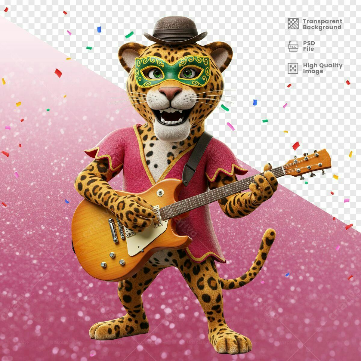Mascote Onça Carnavalesca com Guitarra PSD Editável