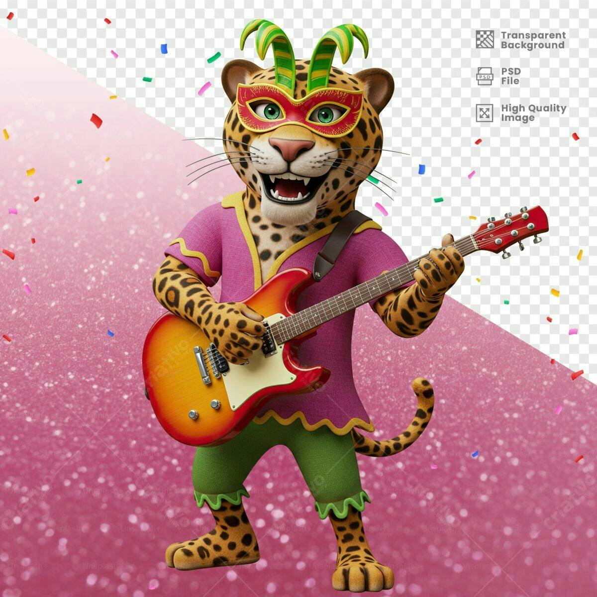 Mascote Onça Carnavalesca com Guitarra PSD Editável