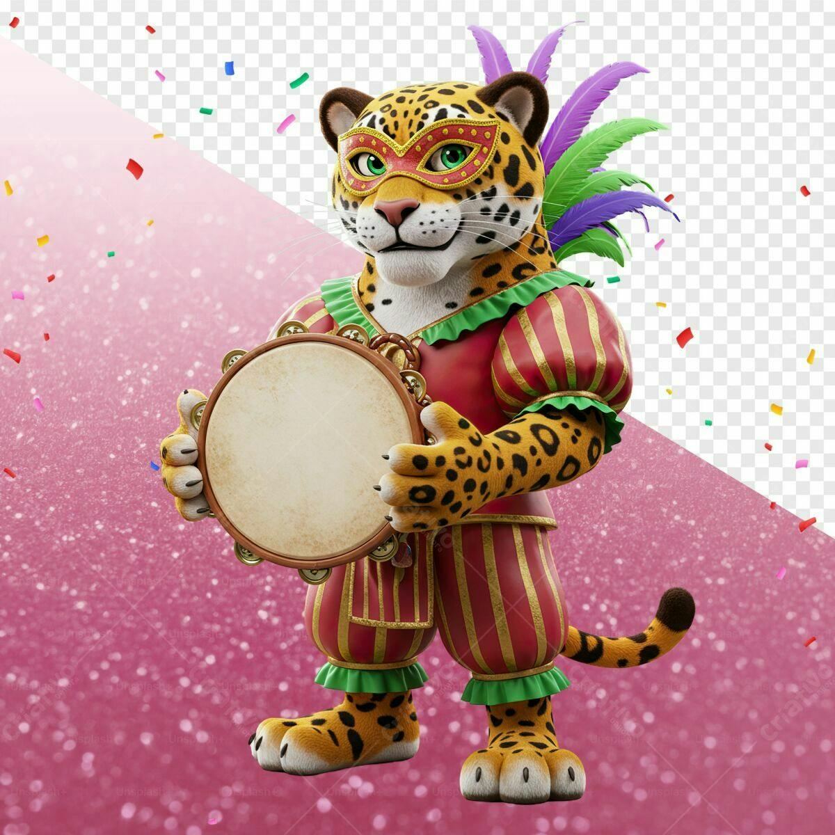Mascote Onça Carnavalesca com Tamborim PSD Editável