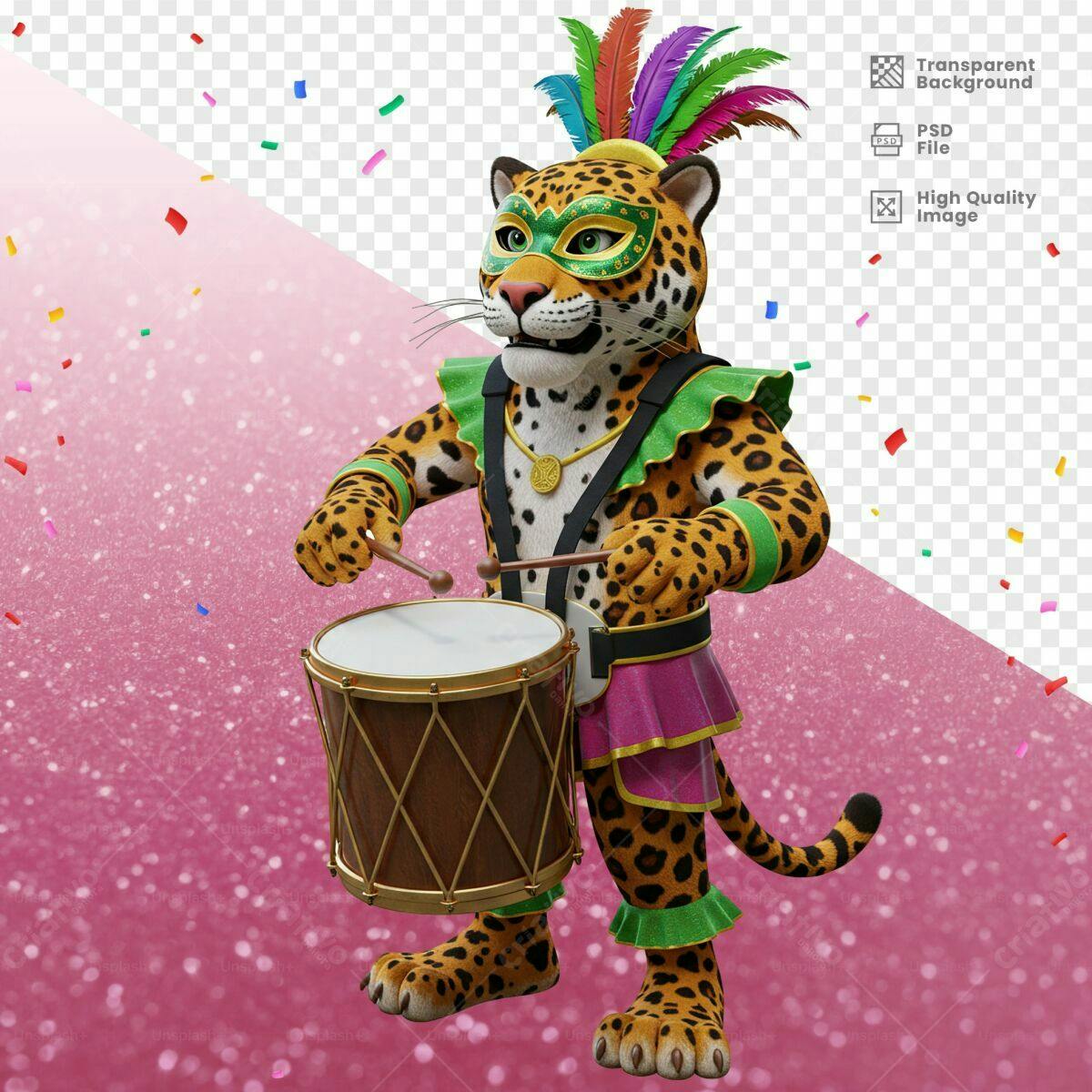 Personagem Onça Carnavalesca Tocando Tamborim PSD Editável