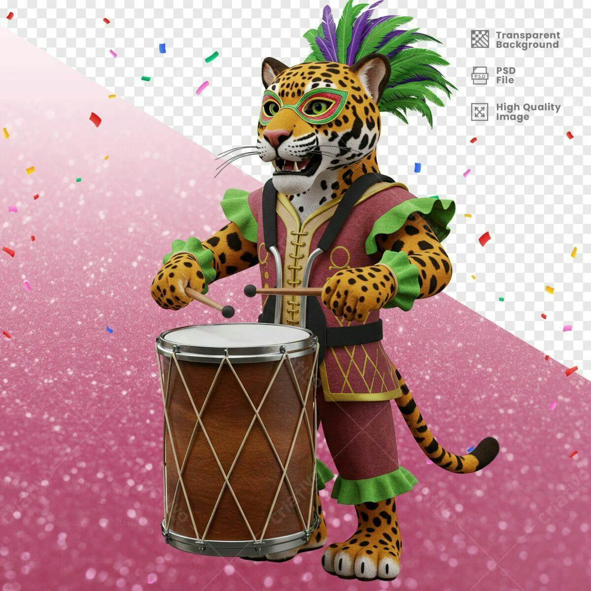 Mascote Onça Carnavalesca Tocando Tamborim PSD Editável