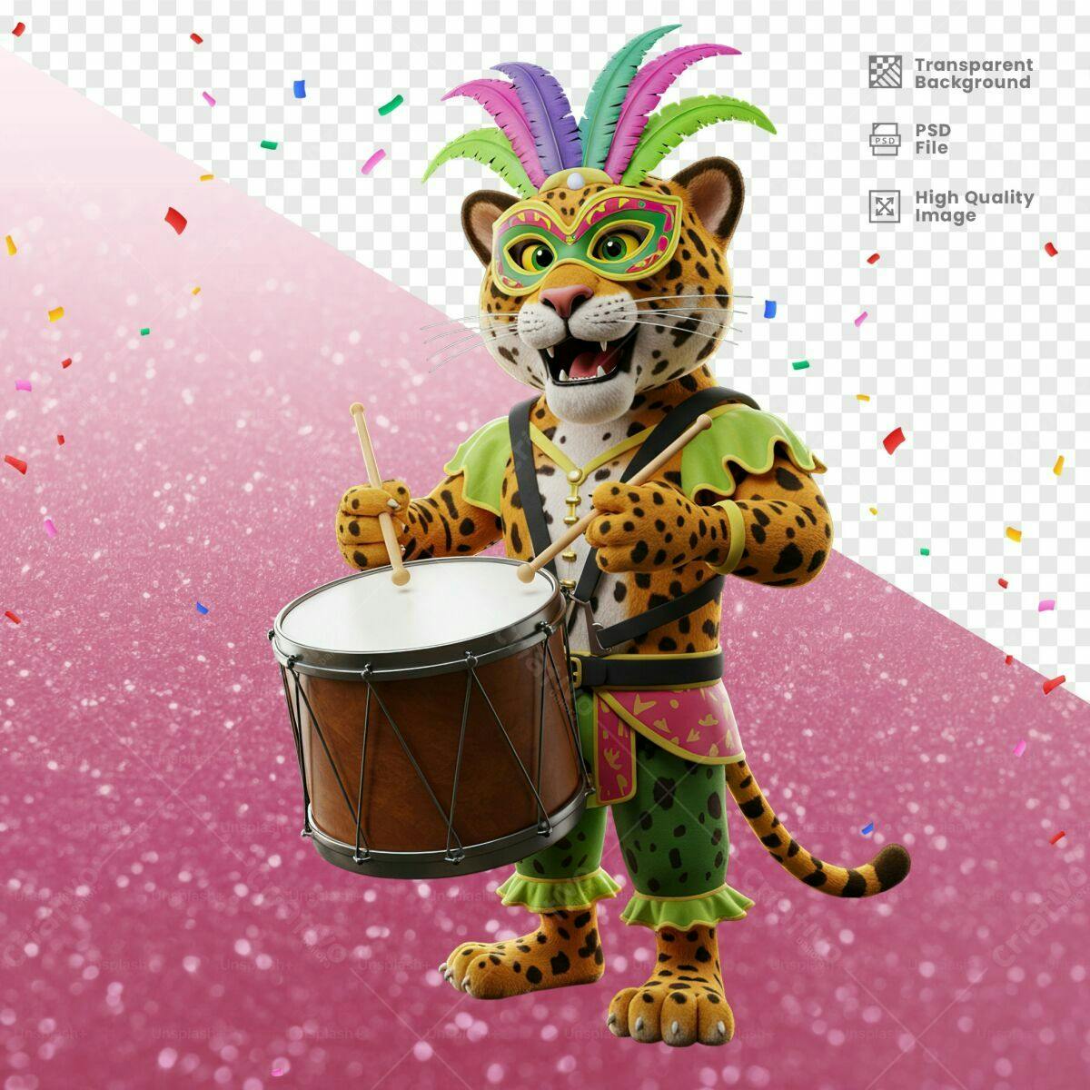 Mascote Onça Carnavalesco Tocando Tamborim PSD Editável