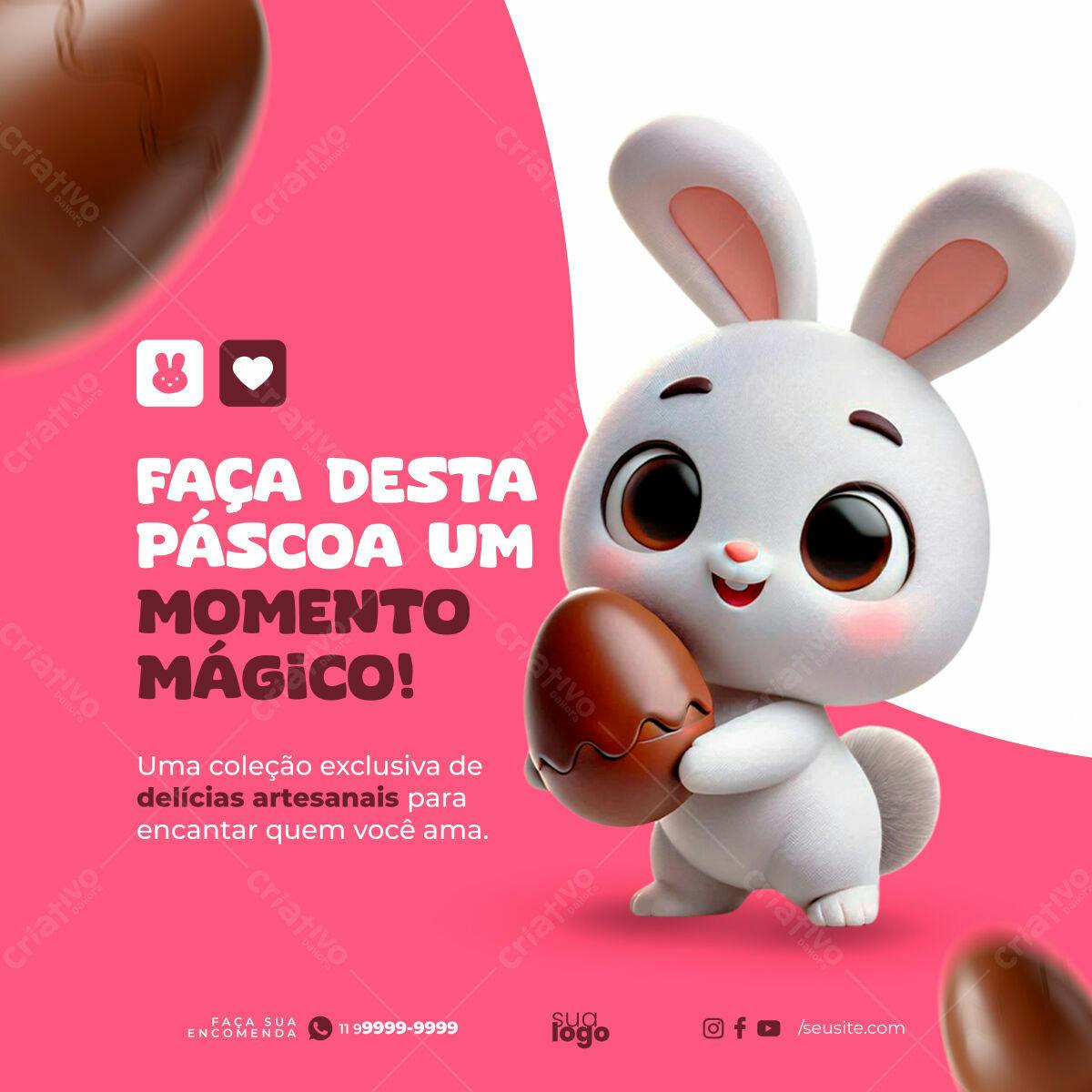 Flyer Páscoa com Coelho 3D PSD Editável