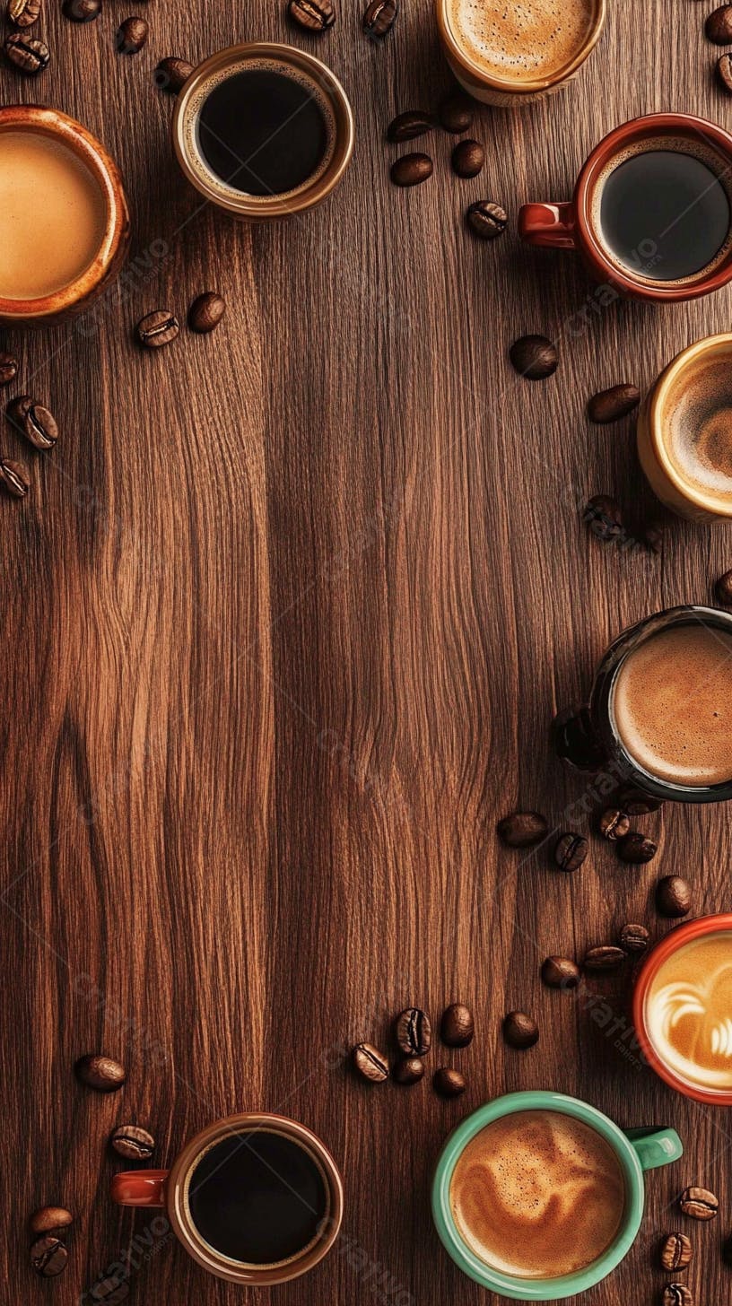 Várias xícaras de café em mesa de madeira
