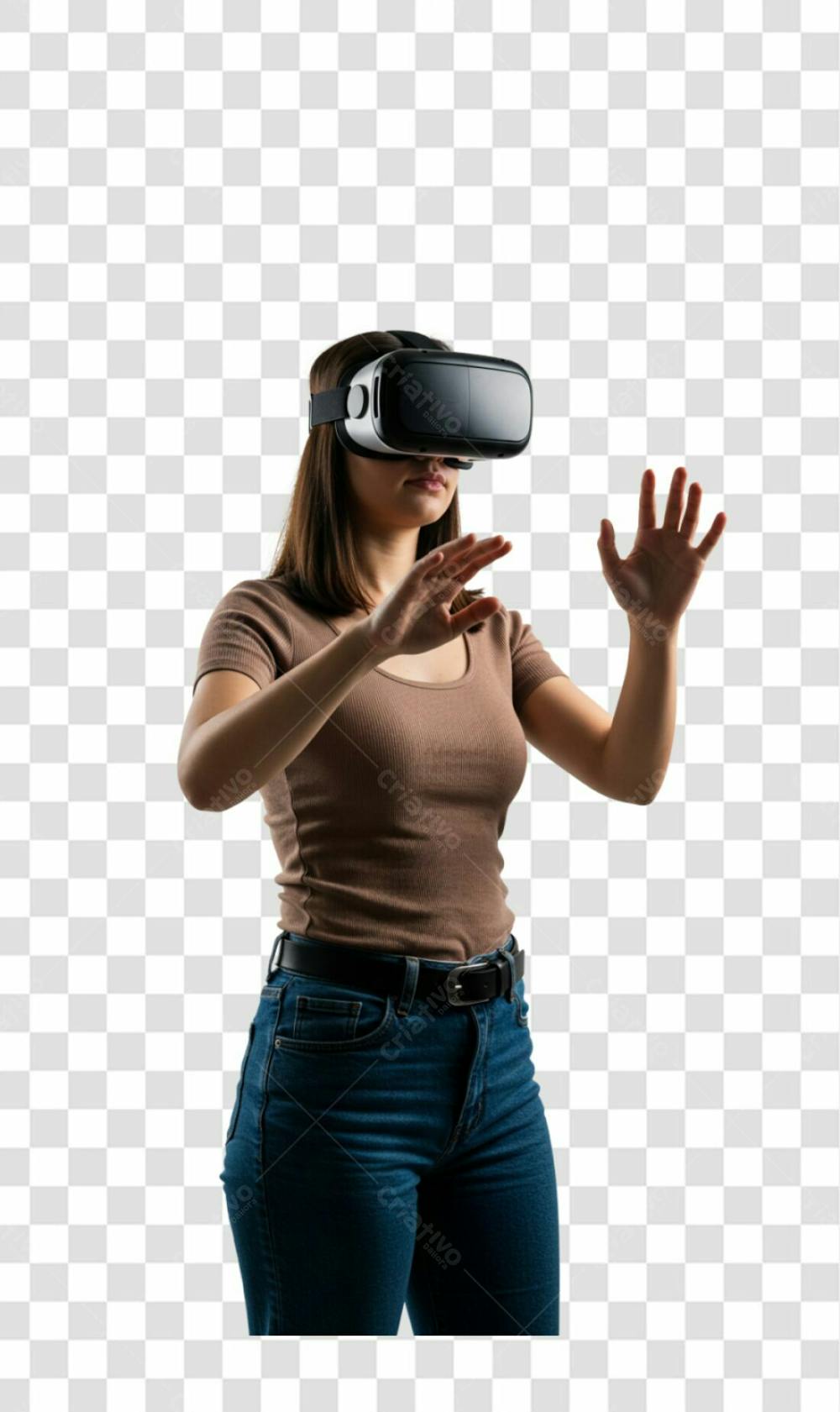 Mulher Jogando Video Game Com Óculos Vr Calça Jeans Azul E Camisa Marrom Png Transparente