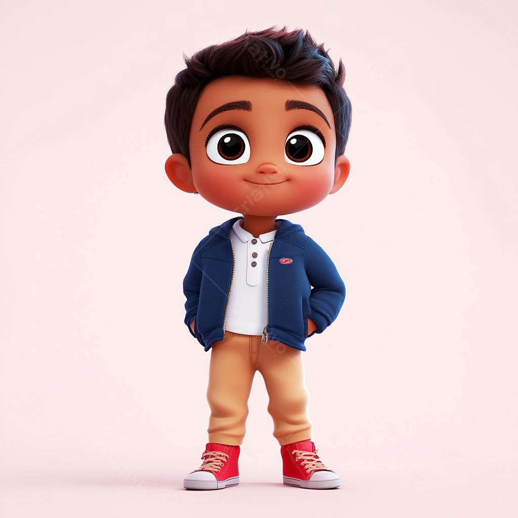 Menino fofo com roupa azul e calça bege
