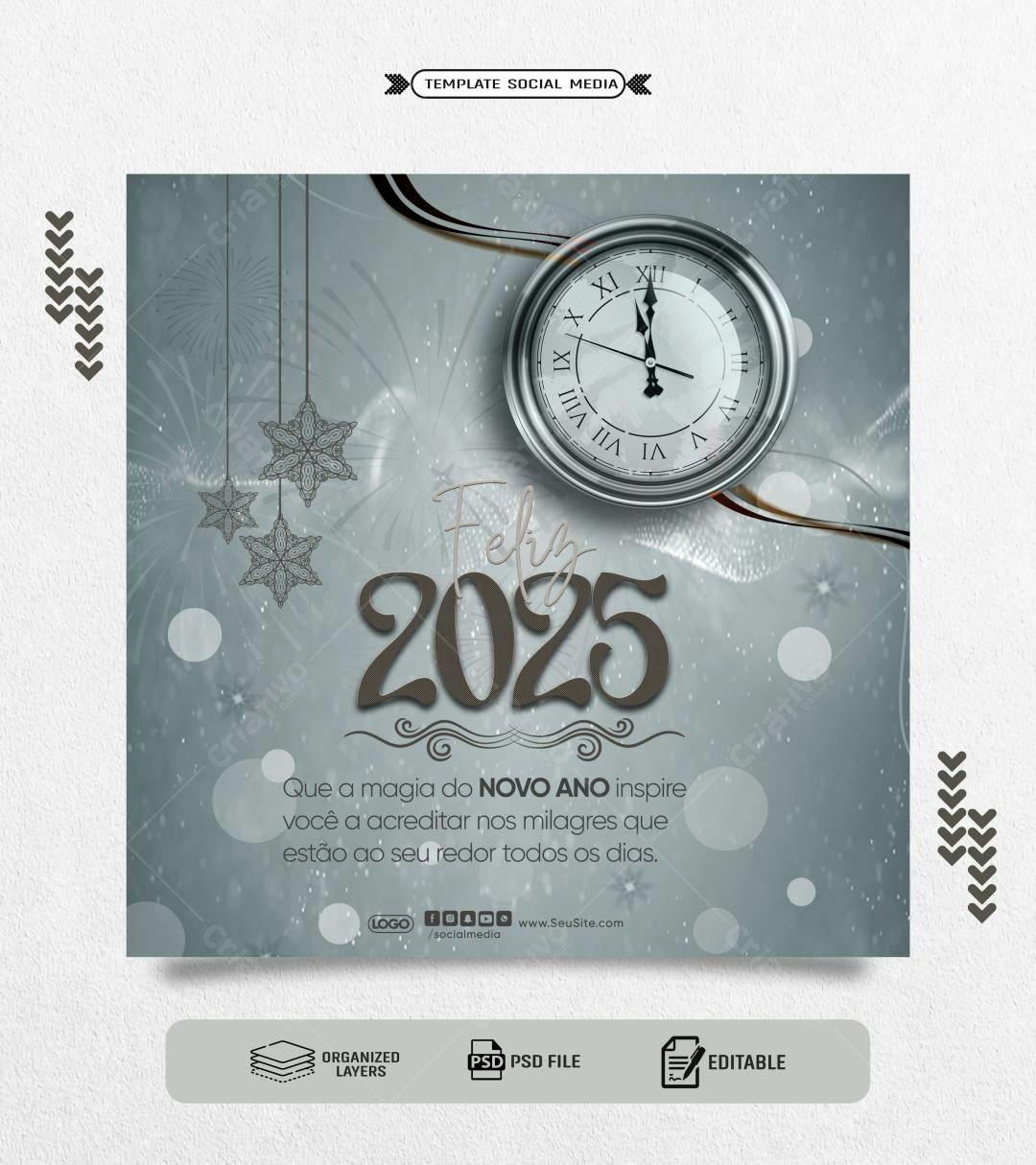 Postagem de Mídias Sociais para Ano Novo 2025 PSD Editável