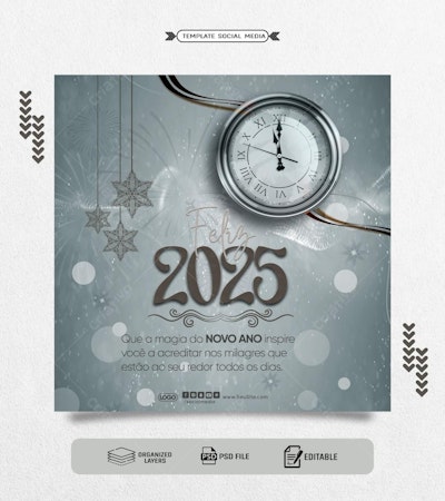 Postagem de Mídias Sociais para Ano Novo 2025 PSD Editável