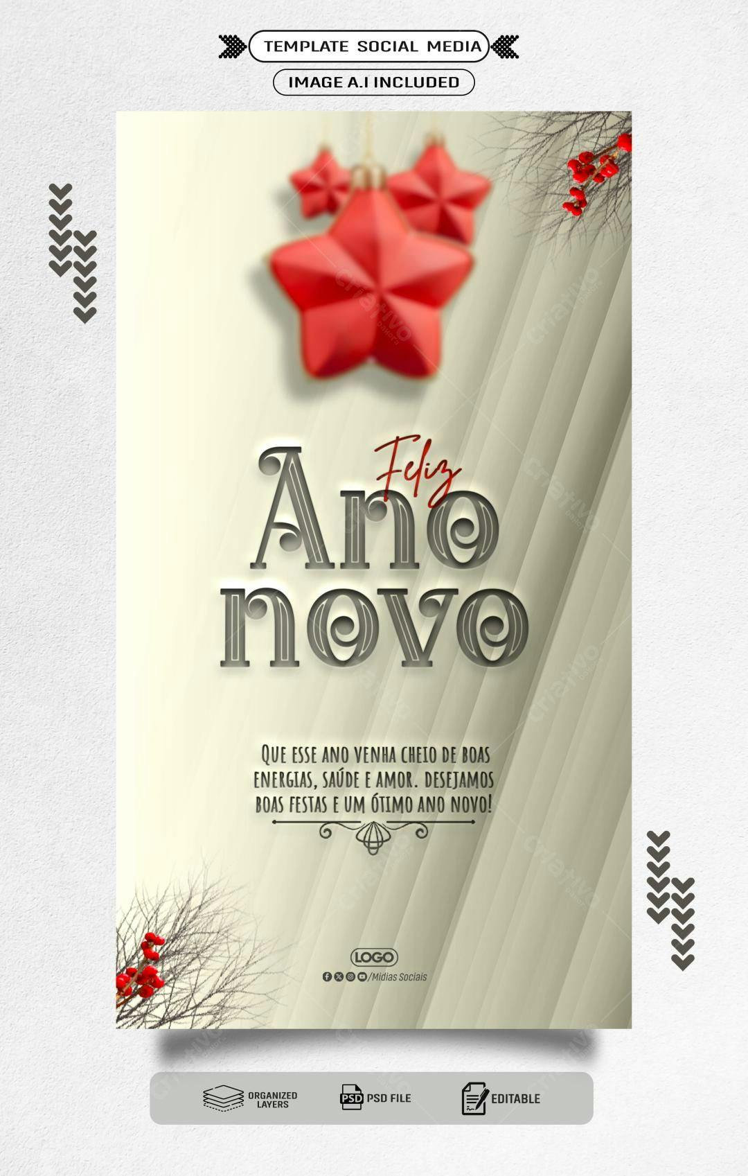Postagem de Mídias Sociais Feliz Ano Novo PSD Editável