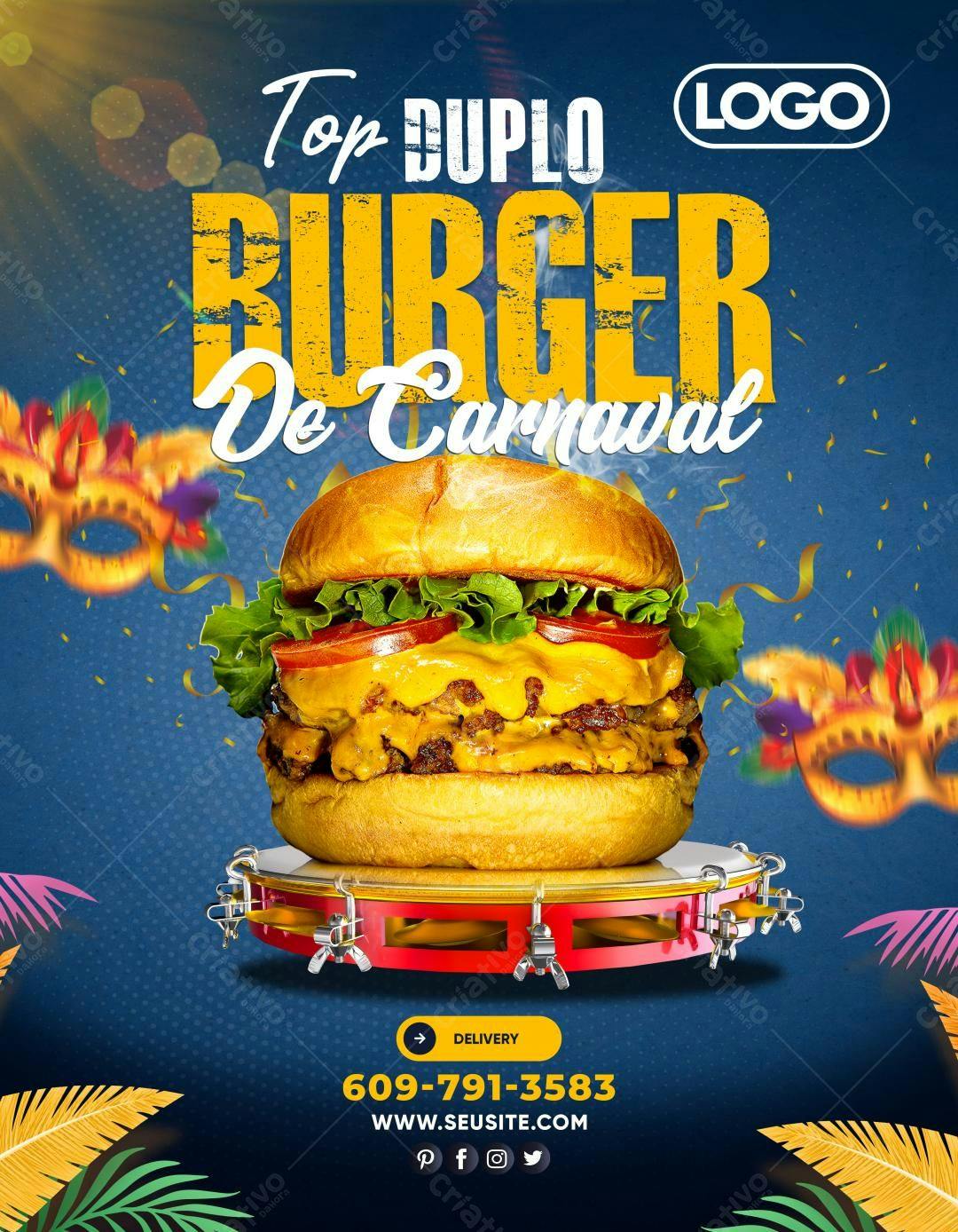 Flyer para Carnaval com Burger PSD Editável