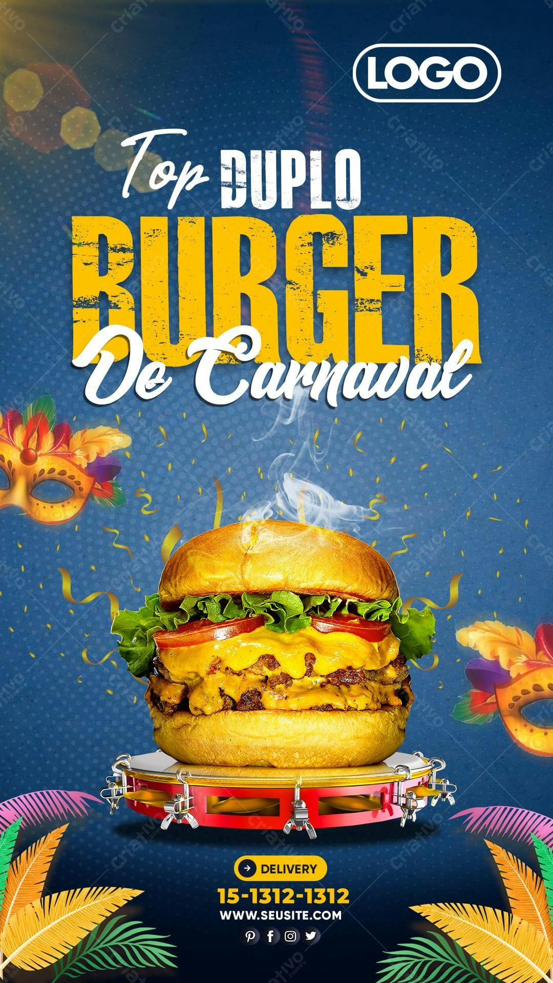 Flyer para Carnaval com Burger Duplo PSD Editável