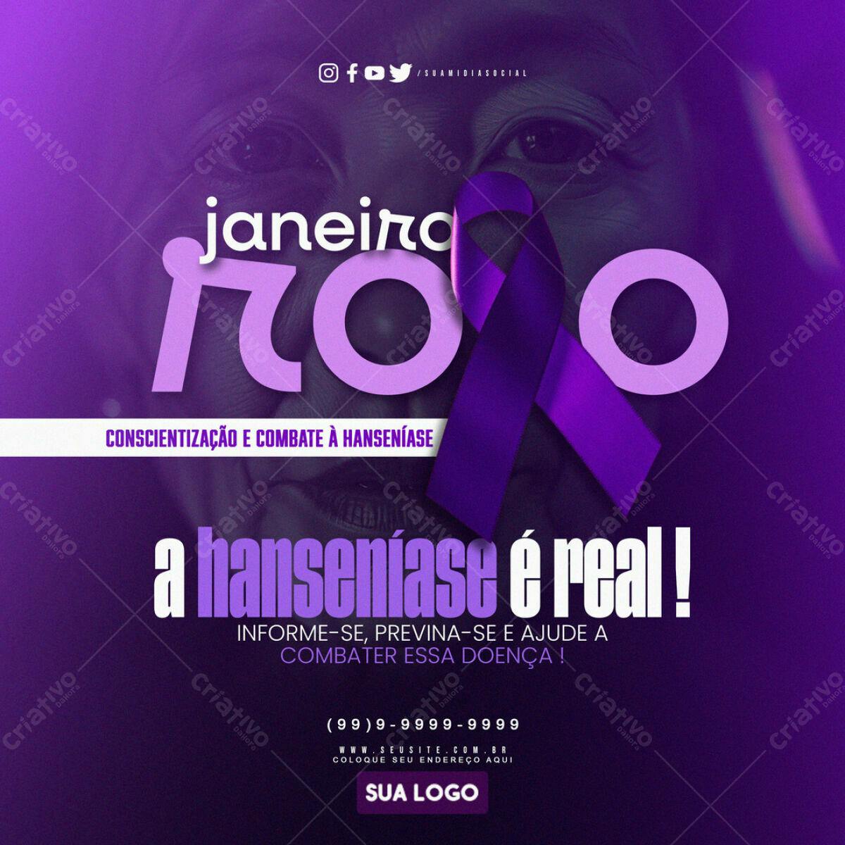 Flyer Janeiro Roxo - Conscientização Hanseníase PSD Editável