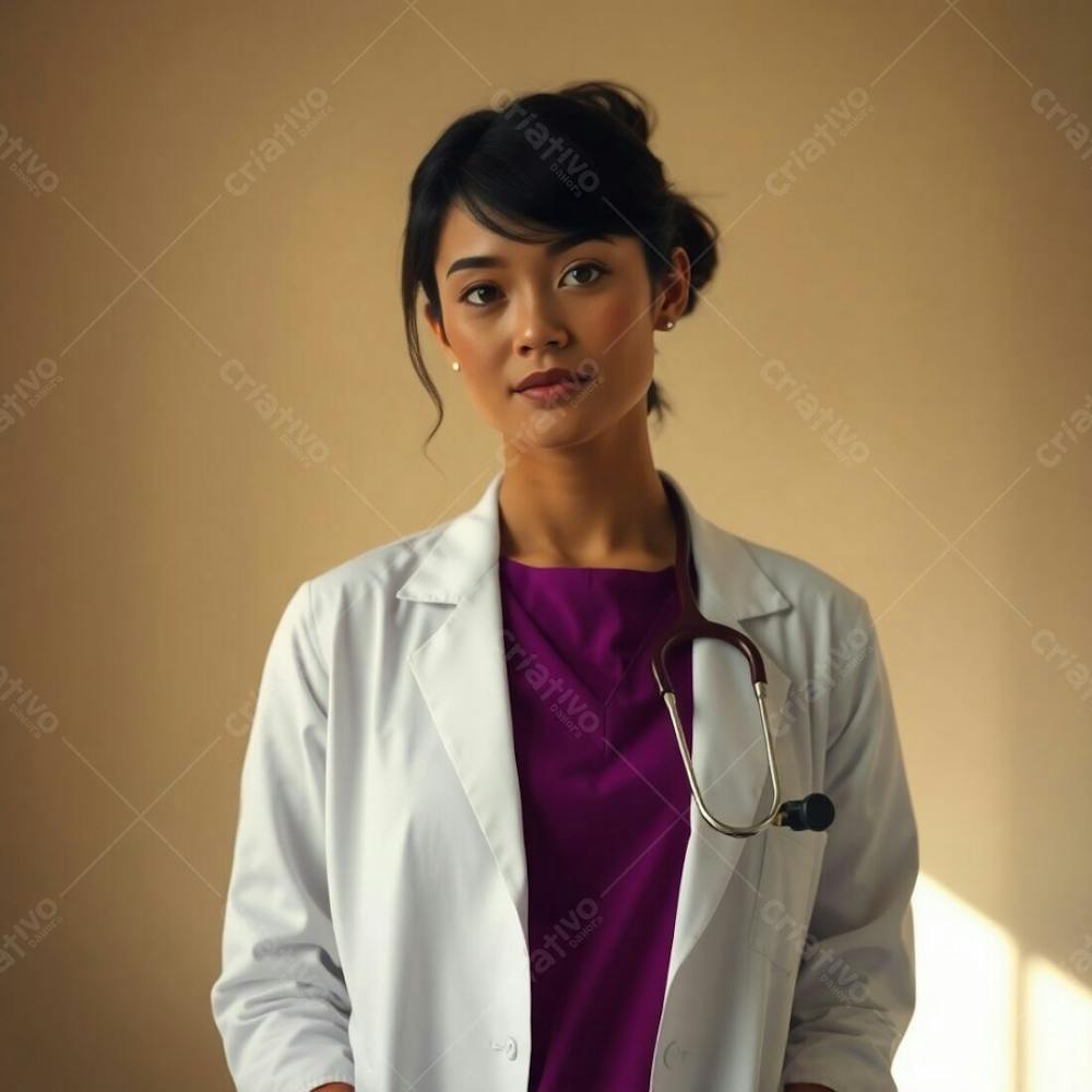 A High Resolution Stock Photo Featuring A Doctor In A Purple Dress, Soft Cinematic Haze, Natural Earth Tones, Browns, Beiges, Muted Colors, Soft Focus, Hazy Background, Sharp Subject, Commercial Use, Professional Qu