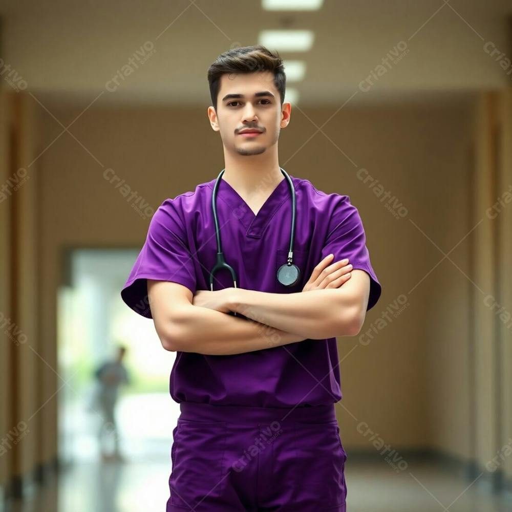 A High Resolution Stock Photo Showcasing A Young Man In A Purple Medical Uniform, Arms Crossed, Captured From The Waist Up. Soft Focus, Hazy Background With A Bokeh Effect And Natural Earth Tones, Primarily Browns A