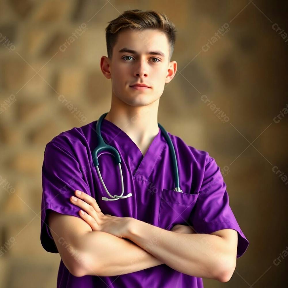 A High Resolution, Professional Quality Stock Photo. A Young Man With Fair Skin, In A Purple Medical Uniform, Arms Crossed, From The Waist Up. Soft Background Bokeh Effect, Natural Earth Tones, Browns And Beiges