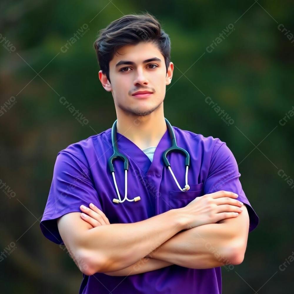 A High Resolution, Professional Quality Stock Photo. A Young Man With Fair Skin, In A Purple Medical Uniform, Arms Crossed, From The Waist Up. Soft Background Bokeh Effect, Natural Earth Tones, Browns And Beiges