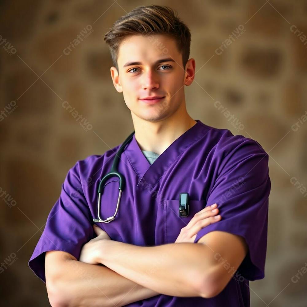 A High Resolution, Professional Quality Stock Photo. A Young Man With Fair Skin, In A Purple Medical Uniform, Arms Crossed, From The Waist Up. Soft Background Bokeh Effect, Natural Earth Tones, Browns And Beiges