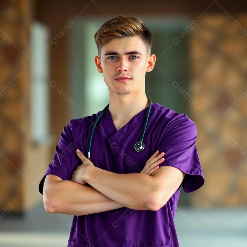 A High Resolution, Professional Quality Stock Photo. A Young Man With Fair Skin, In A Purple Medical Uniform, Arms Crossed, From The Waist Up. Soft Background Bokeh Effect, Natural Earth Tones, Browns And Beiges