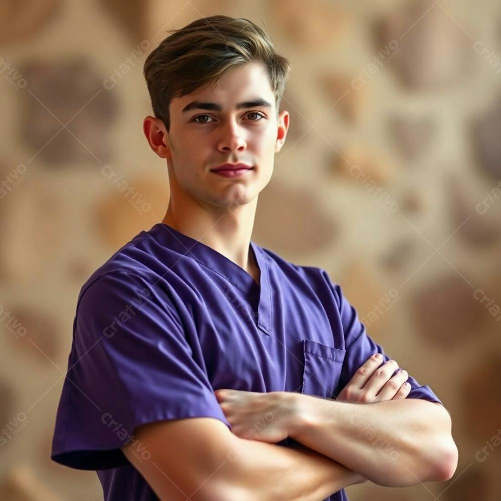 A High Resolution, Professional Quality Stock Photo. A Young Man With Fair Skin, In A Purple Medical Uniform, Arms Crossed, From The Waist Up. Soft Background Bokeh Effect, Natural Earth Tones, Browns And Beiges