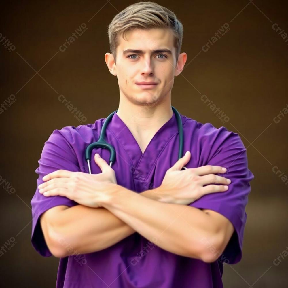 A High Resolution, Professional Quality Stock Photo. A Young Man With Fair Skin, In A Purple Medical Uniform, Arms Crossed, From The Waist Up. Soft Background Bokeh Effect, Natural Earth Tones, Browns And Beiges