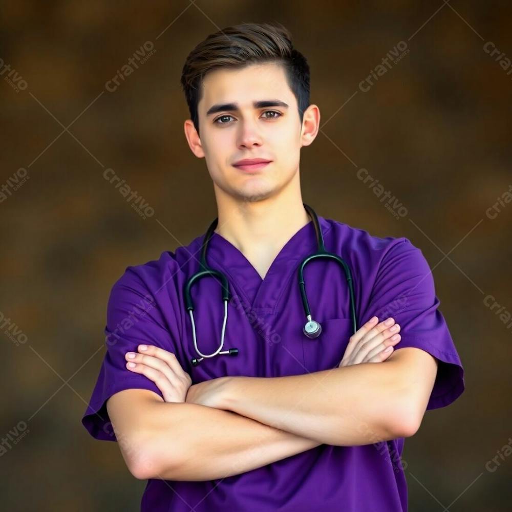 A High Resolution, Professional Quality Stock Photo. A Young Man With Fair Skin, In A Purple Medical Uniform, Arms Crossed, From The Waist Up. Soft Background Bokeh Effect, Natural Earth Tones, Browns And Beiges.