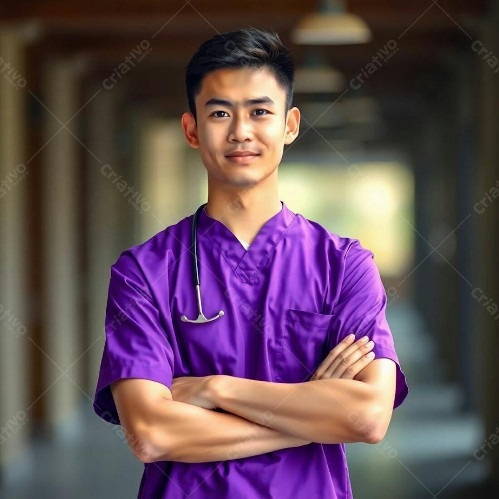 Commercial Style High Resolution Stock Photograph. A Young Man, Wearing A Purple Medical Uniform, Stands With Arms Crossed. The Image Features A Soft Focus, Hazy Background, Bokeh Effect, Earth Tones, And Muted Col