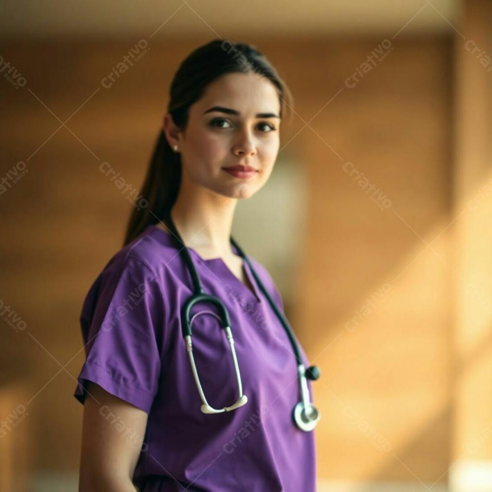 Commercial Use, High Resolution Stock Photo Showing A Doctor In A Purple Dress, Soft Cinematic Haze, Blurred Bokeh, Natural Earth Tones, Browns And Beiges, Soft Focus, Sharp Subject