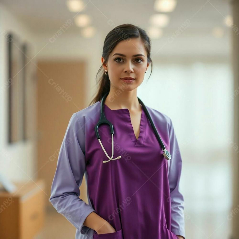 Commercial Use, High Resolution Stock Photo Soft Cinematic Haze Effect, Natural Earth Tones, Blurred Bokeh Background, Muted Colors, Browns, Beiges, Sharp Focus On A Doctor In A Purple Dress, Soft Background