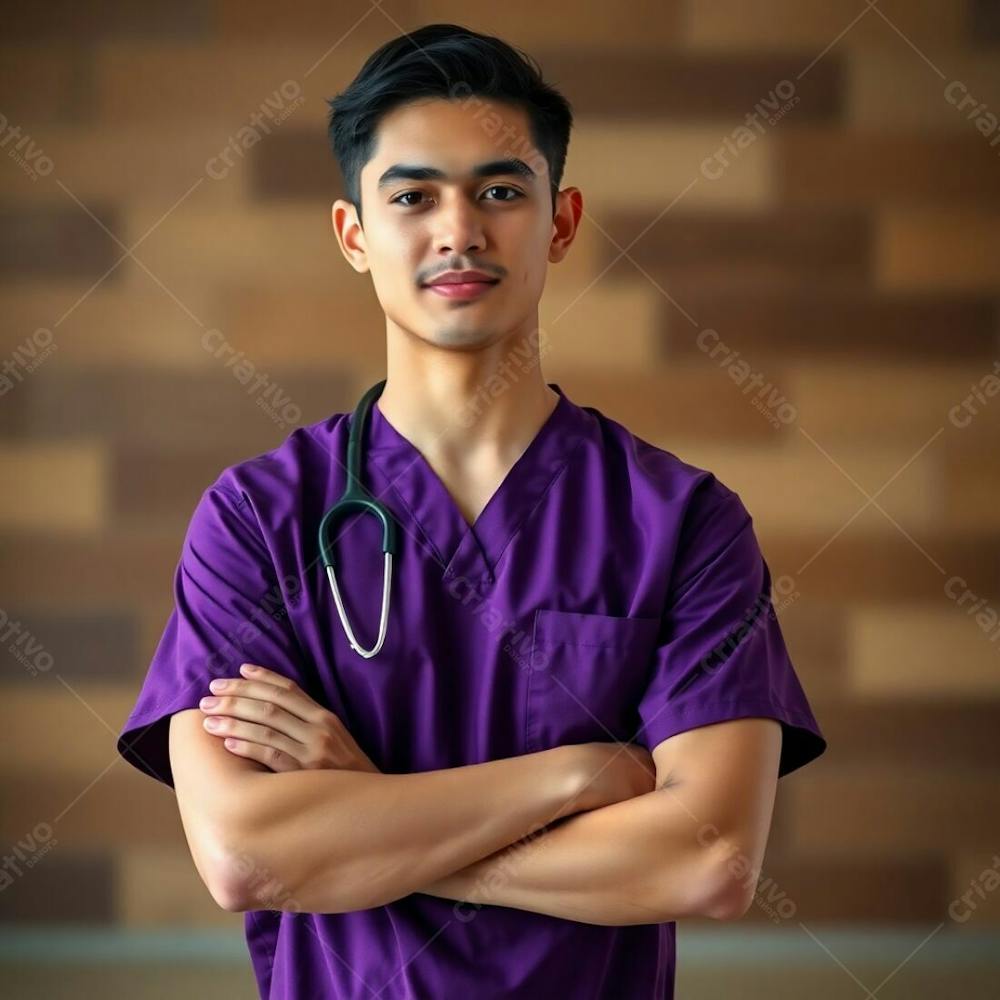 High Resolution Commercial Style Photograph Of A Young Man In A Purple Medical Uniform. Waist Up Shot, Arms Crossed. The Background Displays A Soft Focus Bokeh Effect With A Palette Of Brown And Beige Earth Tones. S