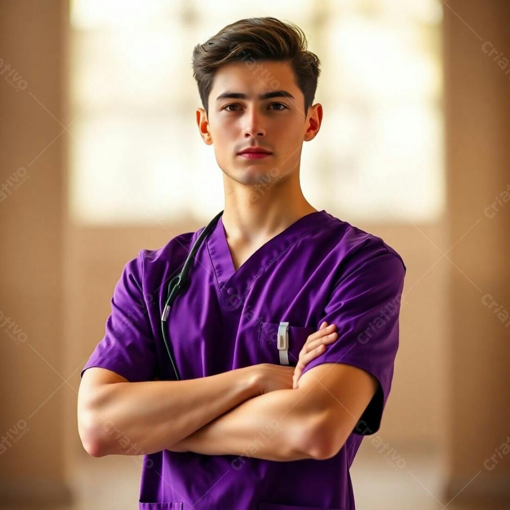 High Resolution Commercial Style Stock Photo. A Young Man With Light Skin, Wearing A Purple Medical Uniform, Arms Crossed, Waist Up. Soft Focus, Hazy Background With Bokeh, Earth Tones. Browns And Beiges.