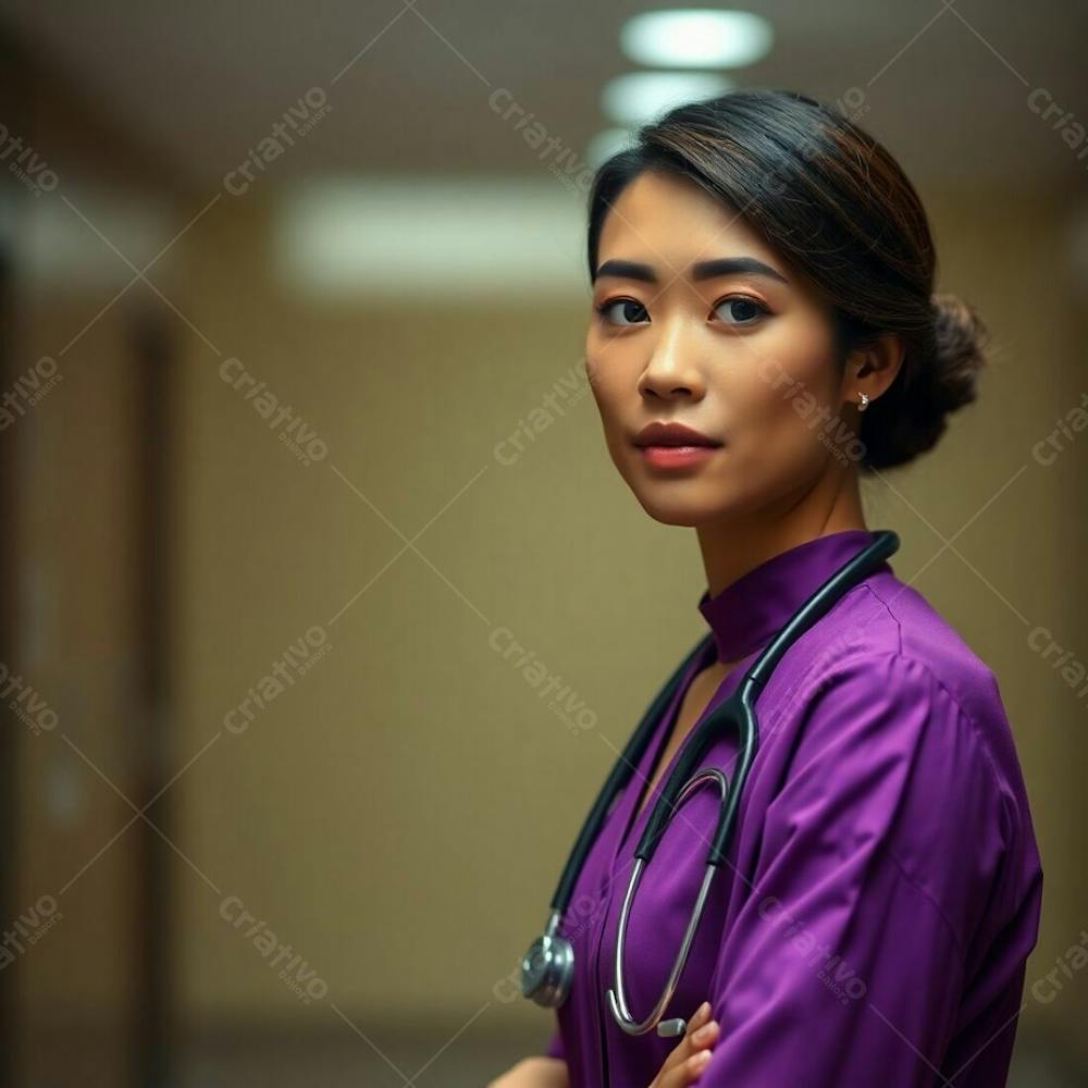 High Resolution Image A Doctor In A Purple Dress, Sharp Focus, Soft Cinematic Lighting, Blurred Bokeh, Natural Earth Tones, Browns And Beiges, Muted Colors, Hazy Background, Commercial Quality, Professional Style