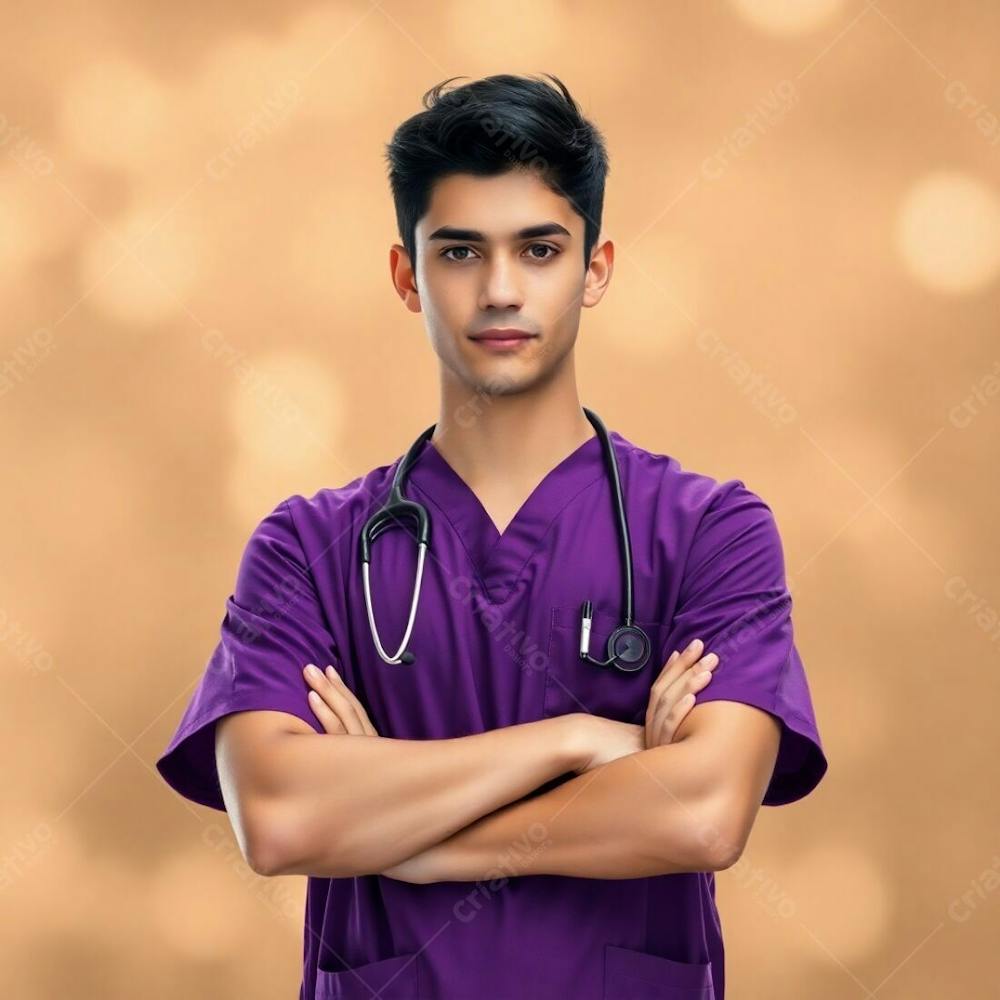 High Resolution Image A Waist Up Portrait Of A Young Man With Dark Hair And Brown Eyes, Wearing A Purple Medical Uniform, Arms Crossed. Soft Focus, Hazy Bokeh Background In Natural Earth Tones, Featuring Browns And