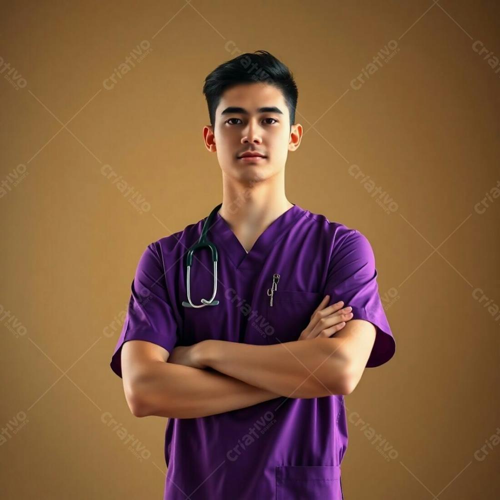 High Resolution Image A Young Man, Arms Crossed, Wearing A Purple Medical Uniform. Waist Up Composition. Soft Focus Background With Bokeh Effect In Earth Tones, Mainly Browns And Beiges. Professional Commercial Sty