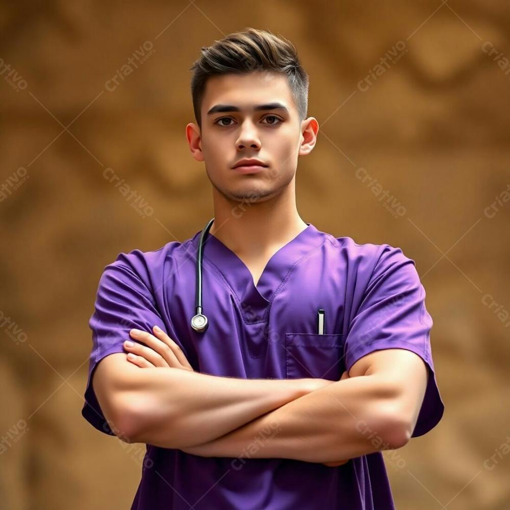 High Resolution Image In A Commercial Style. A Young Man With Light Skin, Wearing A Purple Medical Uniform, Is Shown From The Waist Up, Arms Crossed. The Background Is Soft Focus With A Bokeh Effect And Earth Tones