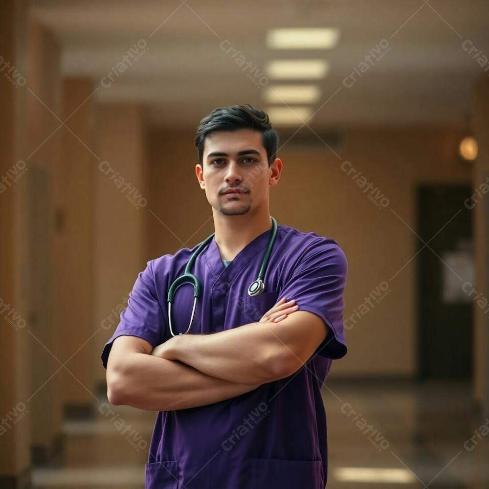 High Resolution Image With A Blurred Bokeh Effect And Soft Natural Light. Earth Tones, Browns, And Beiges, Diffused Shadows, And Subtle Illumination. Commercial Photography Style. Young Man In Purple Medical Unifo