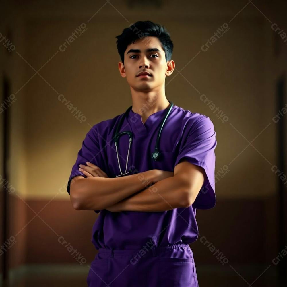 High Resolution Image Young Man In A Purple Medical Uniform, From The Waist Up, Arms Crossed, Cinematic Lighting. Soft Focus, Muted Earth Tones, Brown And Beige Color Palette, Hazy Background, Sharp Subject Focus, C